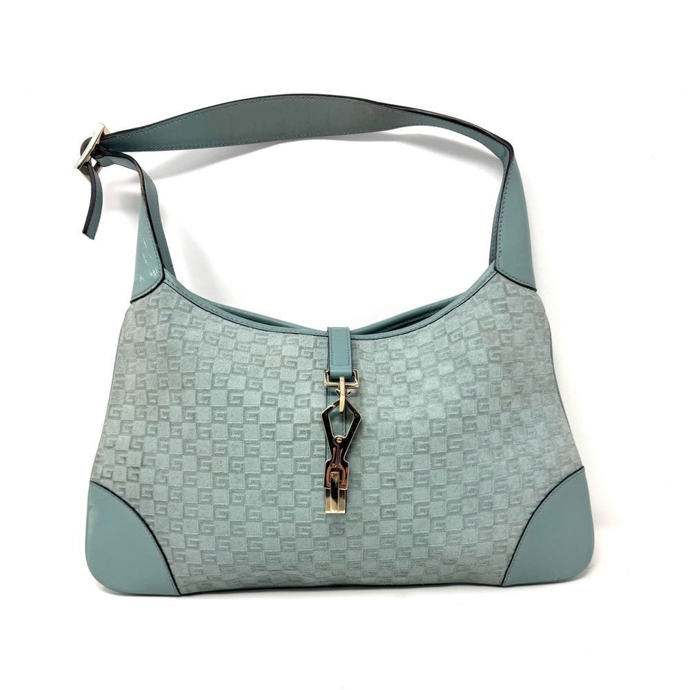 Gucci Jackie Y2K Monogram Rare Vintage Baby Blue Embossed Suede Shoulder Bag